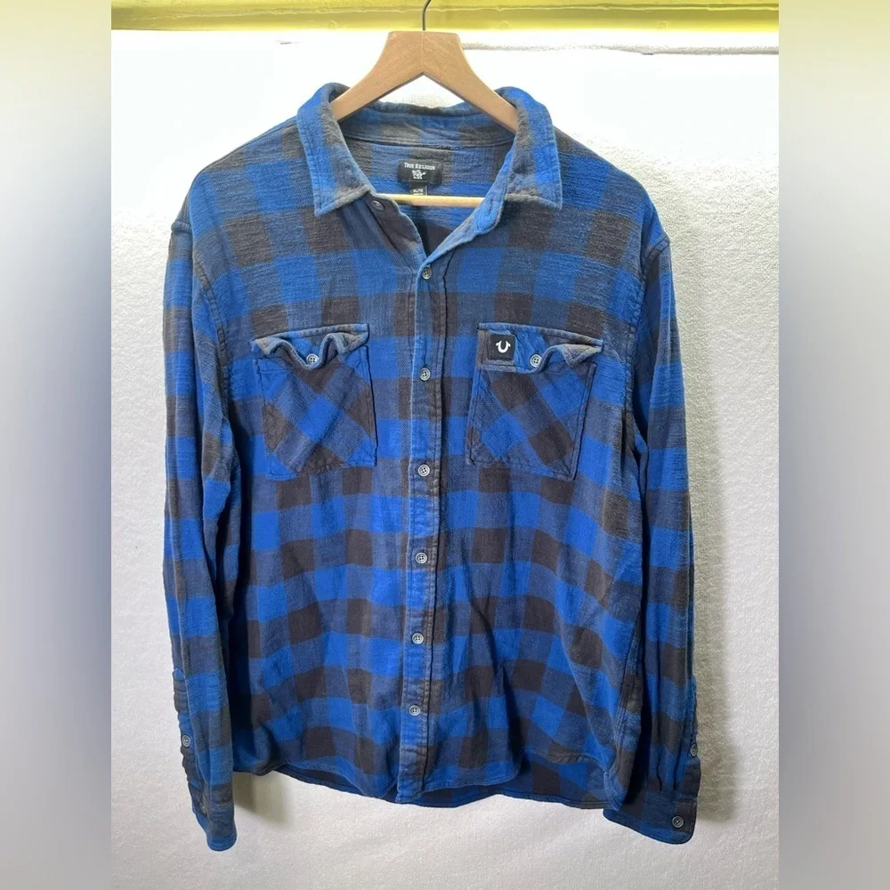 True Religion Blue Plaid Flannel‎ Shirt Mens XL 100% Cotton Outdoors Manly 2102